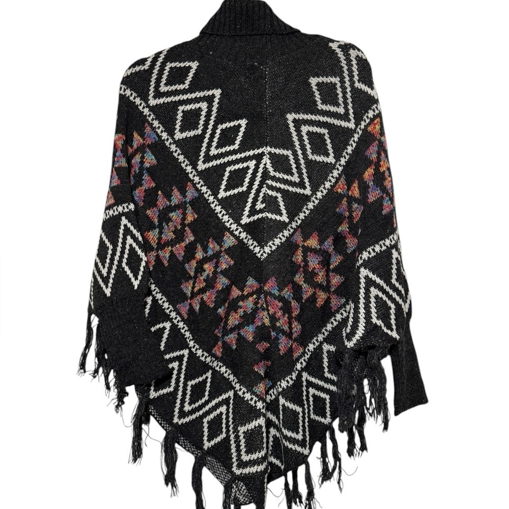Kamana Black White Multicolor Aztec Geometric Fringe Poncho OS - Picture 7 of 7